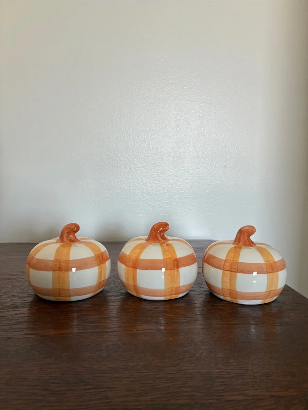 NWT- Decorative Ceramic Pumpkin Trio - White and Orange Plaid Stripe